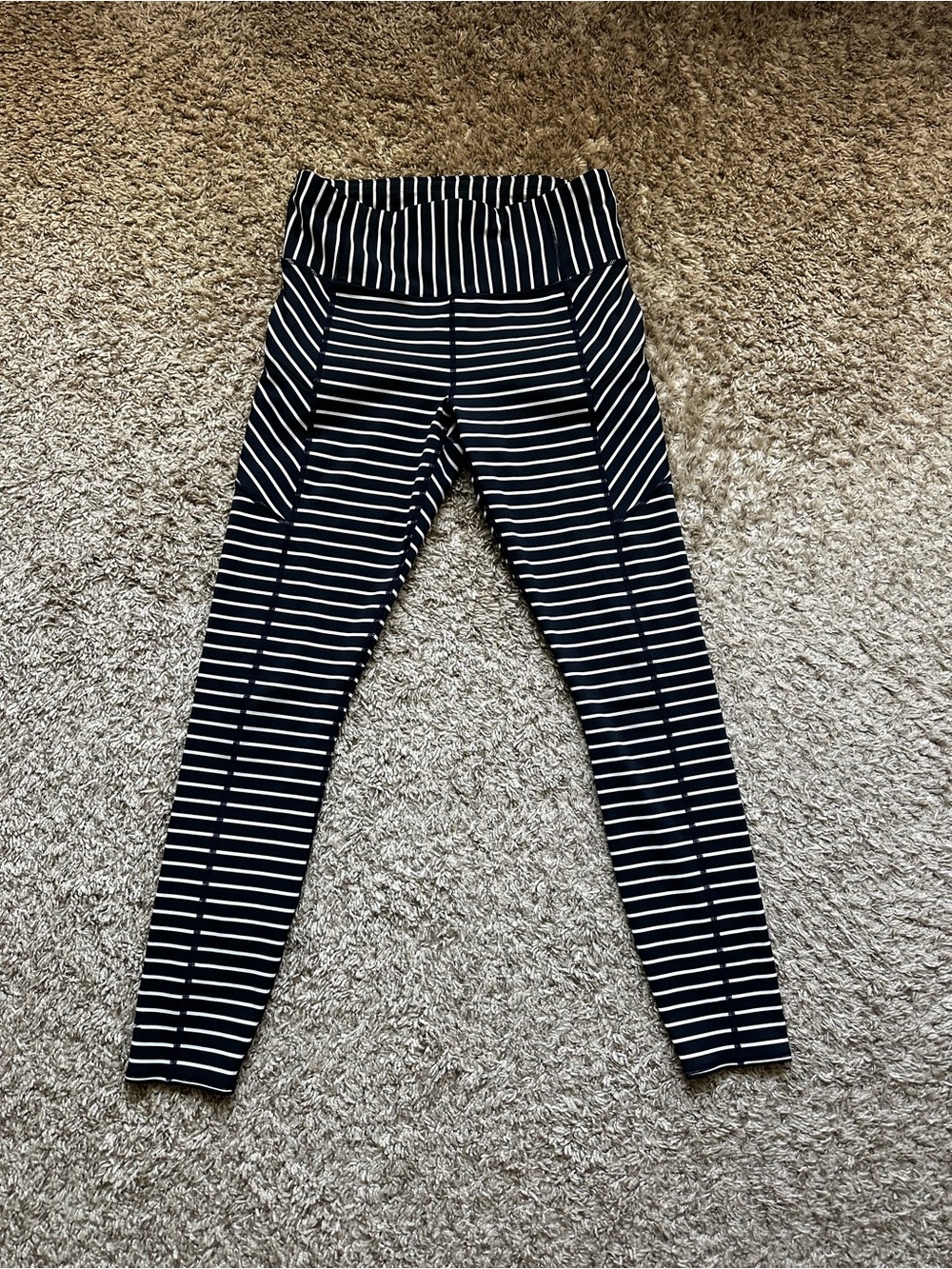 Athleta Women's Striped High Rise
Leggings Navy White Zip Pocket Yoga